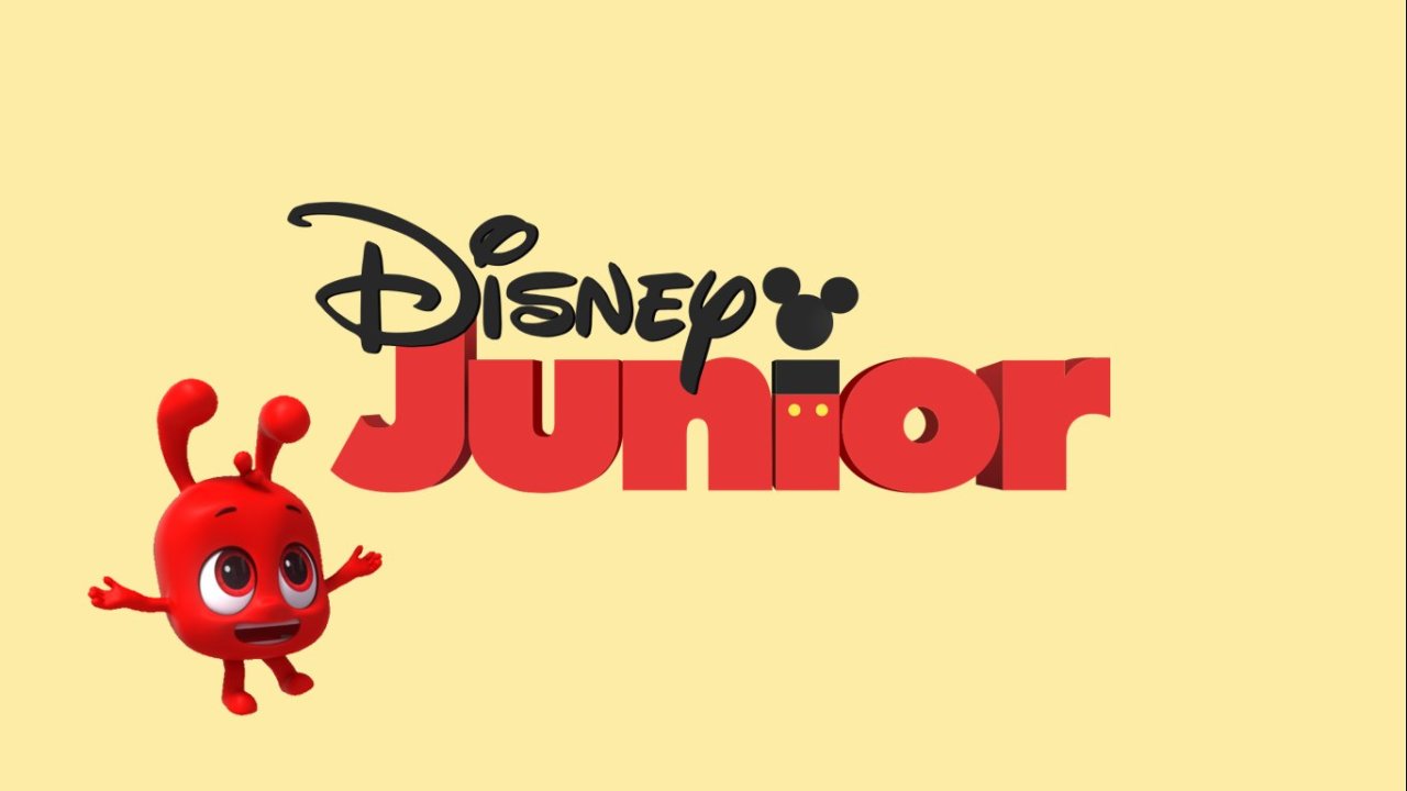 The image shows the Disney Junior logo in bold letters with a small red cartoon character smiling and waving beside it.