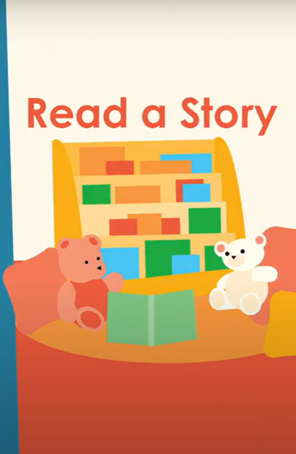 The text "Read a story" on a white background with an illustration underneath showing two teddy bears on a table with a bookshelf behind them.