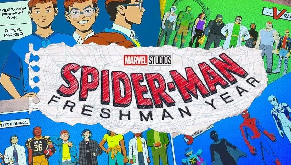 "Marvel Studios' Spider-Man: Freshman Year" logo with illustrations of Peter Parker and various characters from the series in a comic-style layout.