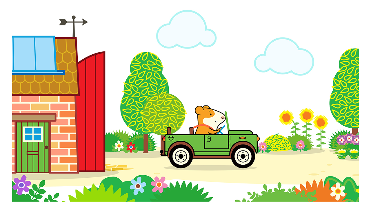 A cartoon-style illustration of a small animal driving a green jeep in a colorful, scenic countryside with trees, flowers, and a house.