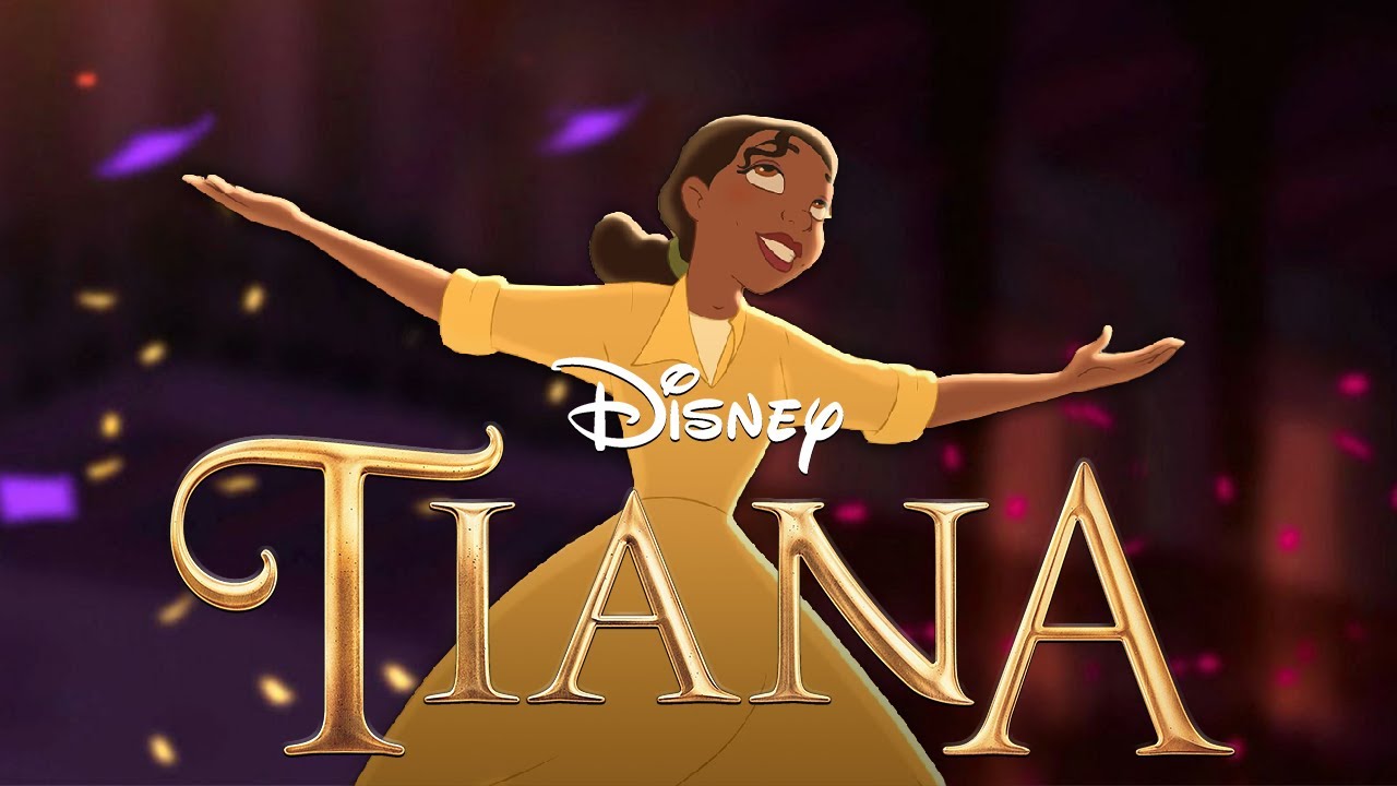 The image features Princess Tiana from Disney, smiling and extending her arms with the word "Tiana" in large golden letters beneath her and the Disney logo above.