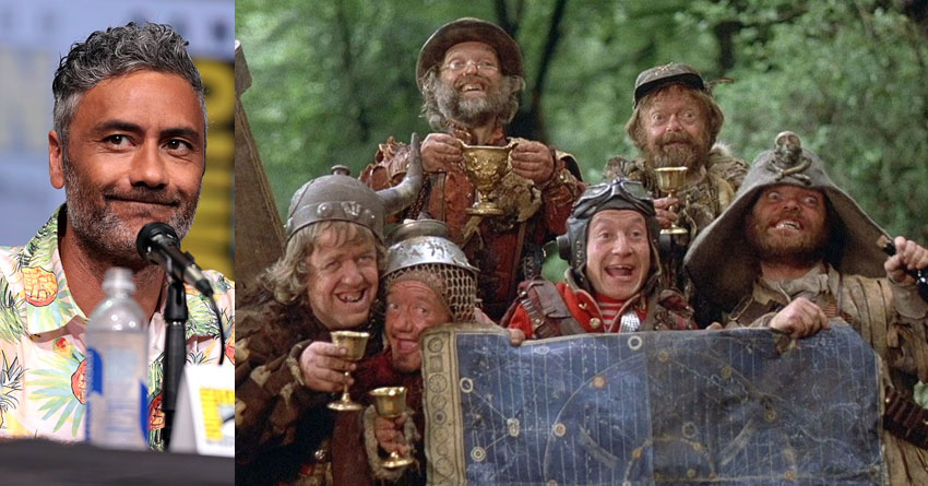 Taika Waititi alongside a scene from "Time Bandits" featuring a group of excited adventurers holding a treasure map and goblets.