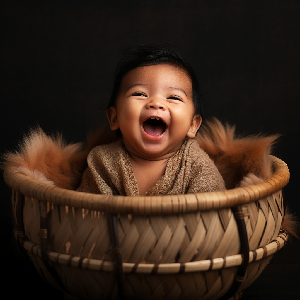 Laughing 2-month old baby sits happily in a woven basket, surrounded by soft fur.