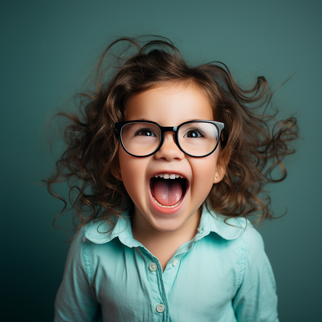 Laughing child with big glasses and curly hair shows pure joy and energy.