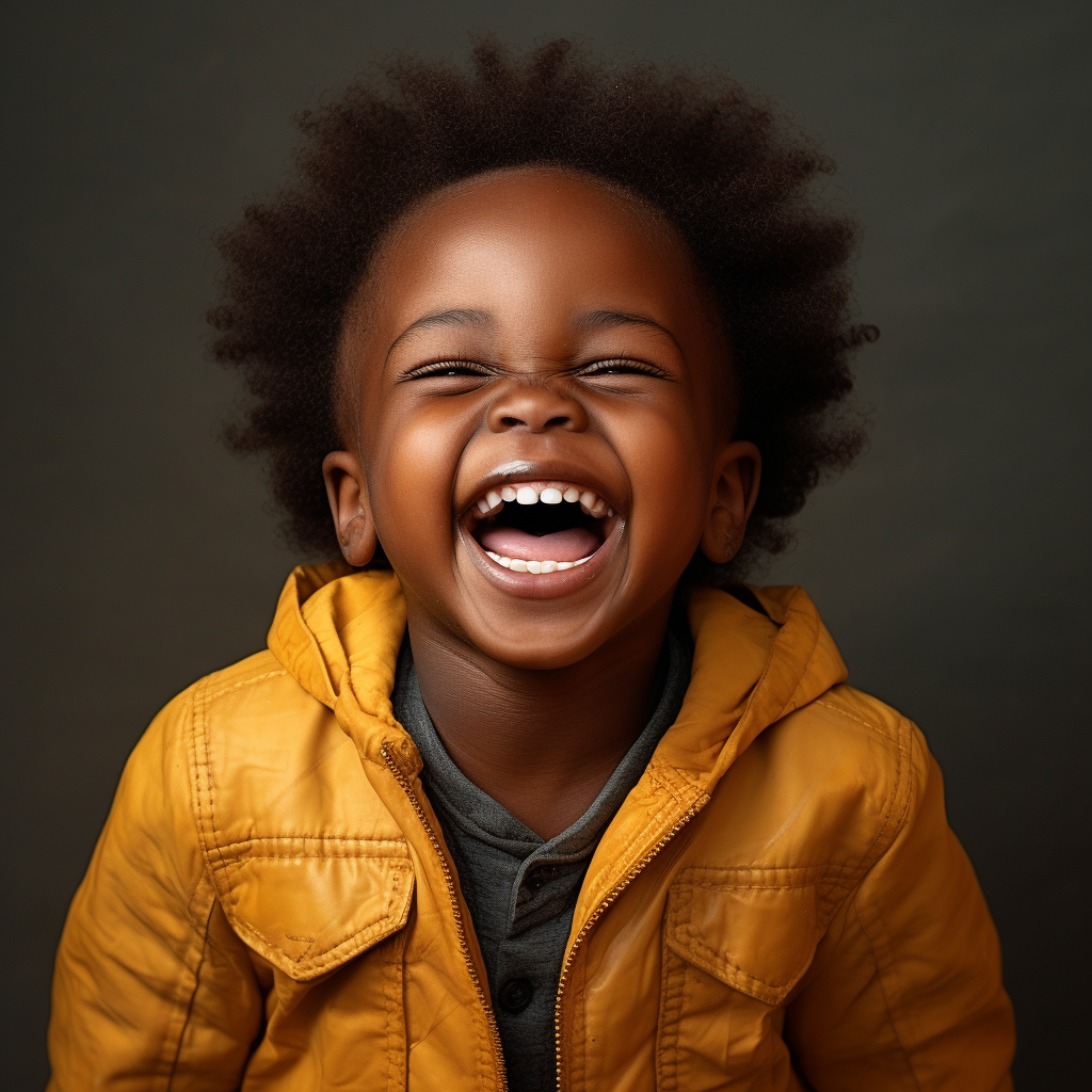 Laughing child in yellow jacket radiates joy and looks directly into the camera.