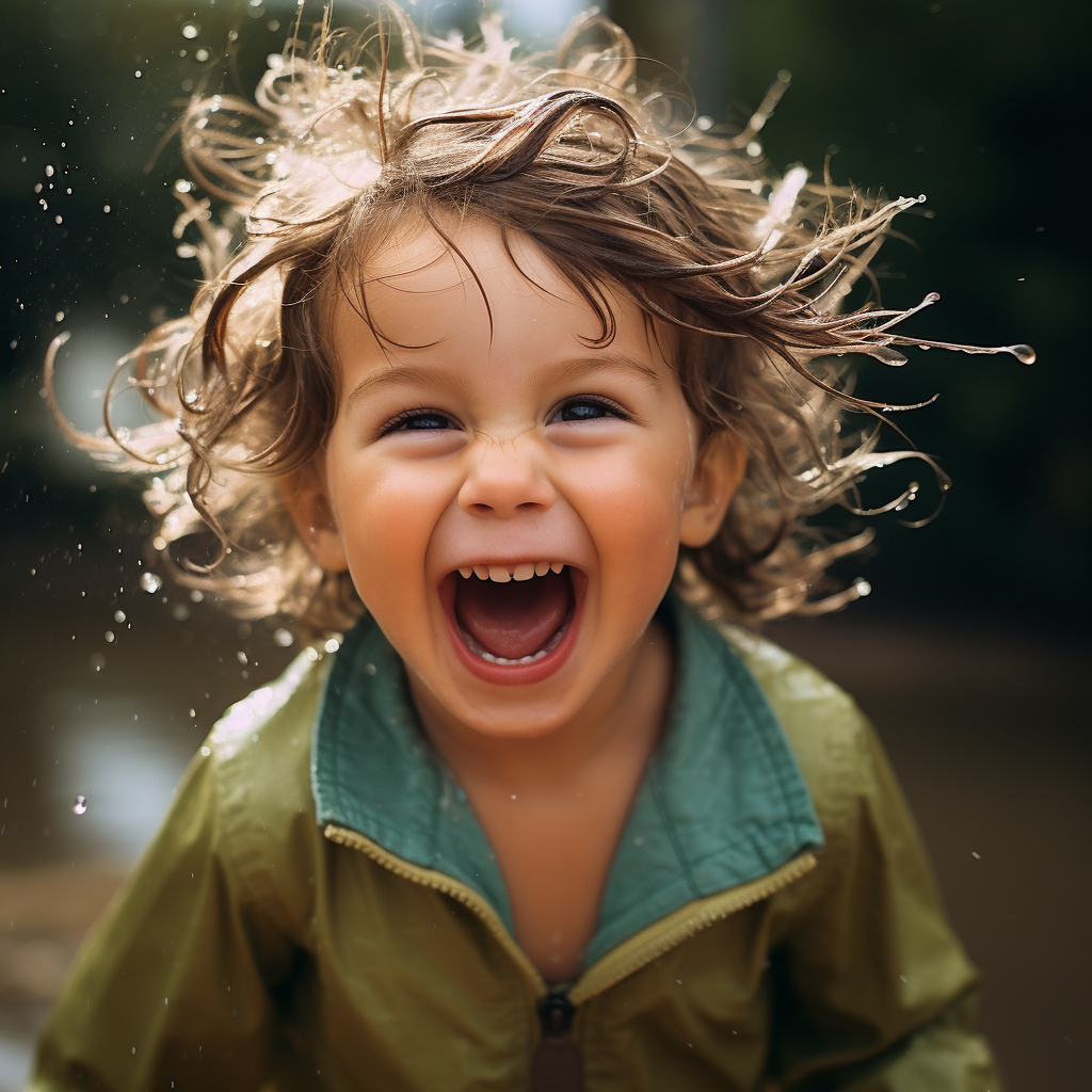 Laughing child with wet hair enjoys playing outdoors while water droplets float in the air.