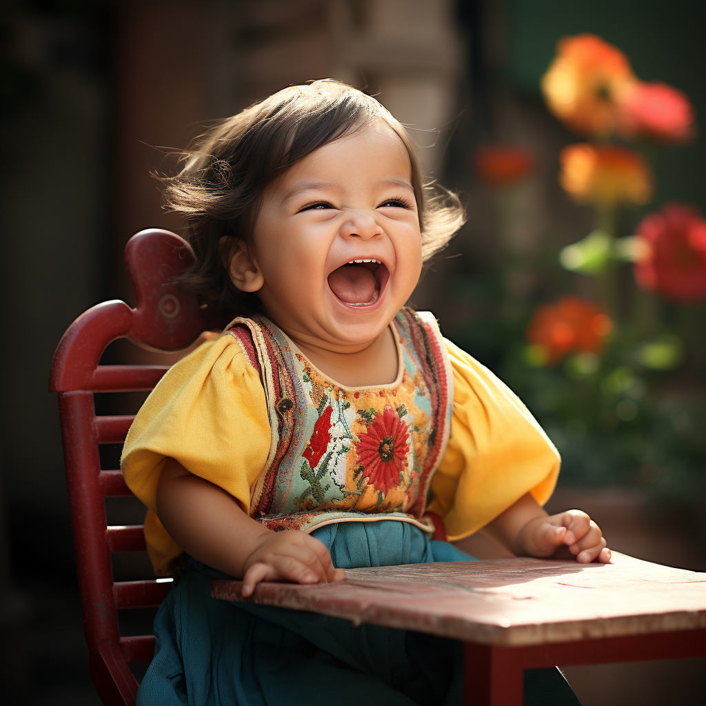 Laughing baby in colorful clothes sits happily on a chair outdoors.