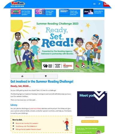 A website promoting the "Summer Reading Challenge 2023" with the motto "Ready, Set, Read!". At the top are illustrations of children being active in sports, and below are details on how to participate in the reading program.