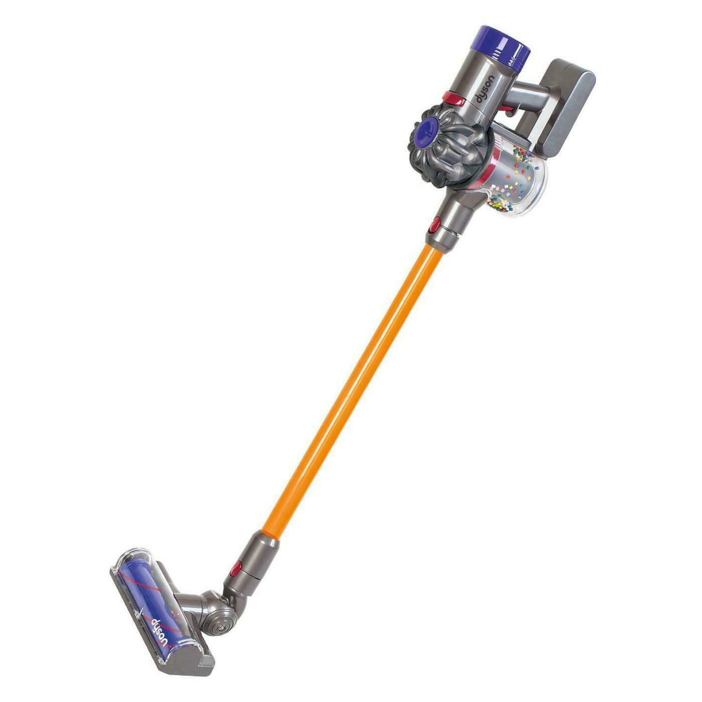 Toy vacuum cleaner in gray and orange, designed like a real Dyson vacuum cleaner.