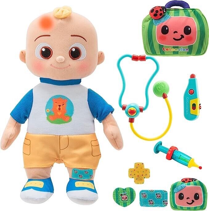 Plush doll with doctor's accessory set, including a stethoscope, thermometer and bandages.