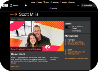 BBC website for the radio show "Scott Mills" on Radio 2, including a short article about the episode with Rosie Jones from July 18, 2023.