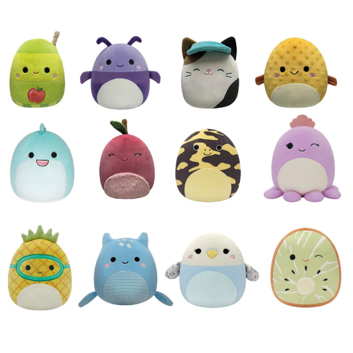 Twelve colorful, plush stuffed animals in different shapes and designs, including fruits and animals, are arranged in a row.