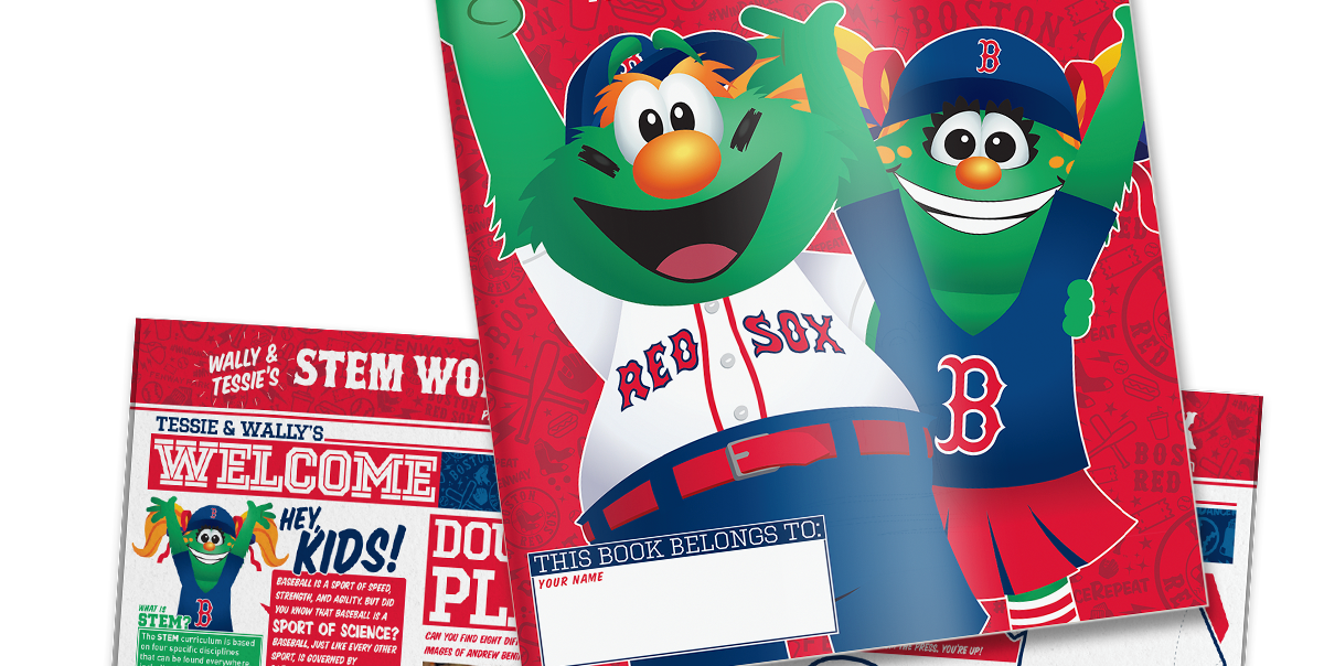 STEM workbook from the Red Sox, featuring large images of the mascots Wally and Tessie. It includes a welcome page for kids with information about baseball as a science sport.