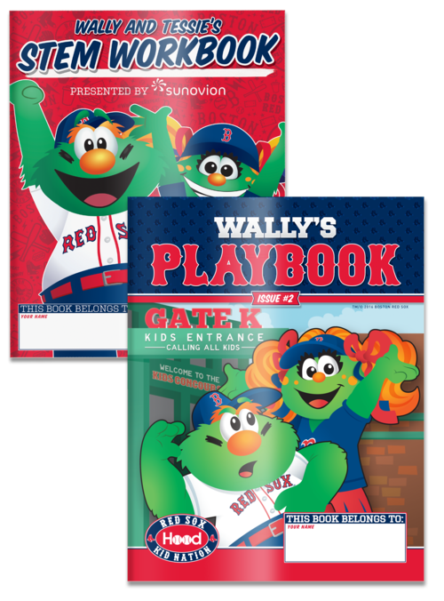  STEM workbooks from the Red Sox presented by sunovion, featuring large images of the mascots Wally and Tessie. 