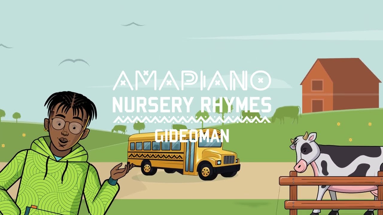 Cartoon illustration. The text "Amapiano Nursery Rhymes Gideoman" with a farm in the background and a boy on the left underlining the wording with his hand.