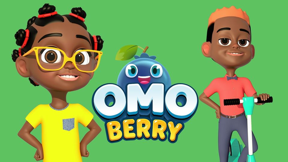 Cartoon illustration. The lettering "Omo Berry" with a blueberry above it. Next to it a girl and a boy who are both smiling and looking proudly into the camera. The background is green.