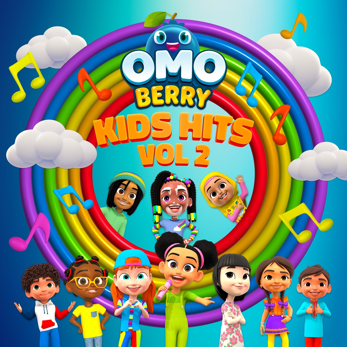 Cartoon illustration for a music cover. The text "Omo Berry KIDS HITS Vol. 2" in front of a round rainbow and a sky with clouds. Musical notes and smiling children can be seen.
