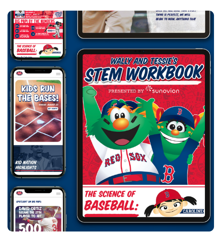 Multiple mobile screens with content centered around baseball and the Red Sox, including a STEM workbook by Wally and Tessie, presented by Sunovion. 