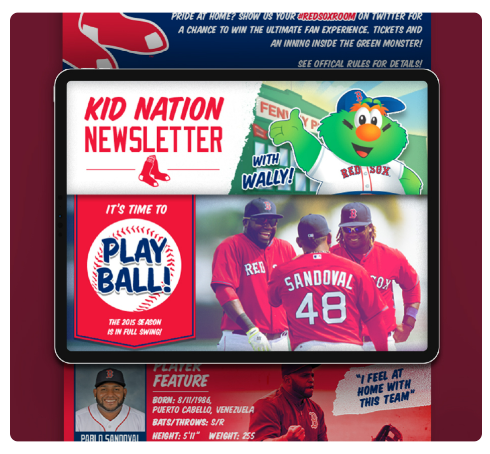 Tablet with a Red Sox "Kid Nation Newsletter" presented by Wally, the mascot. It features players in Red Sox jerseys and a feature on the current baseball season.