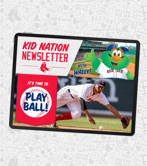 Tablet screen with content related to the Boston Red Sox "Kid Nation Newsletter". It also shows the mascot Wally.